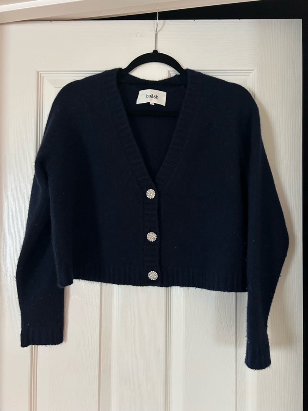 ba&sh Navy Cropped V-Neck Cardigan with Decorative Buttons